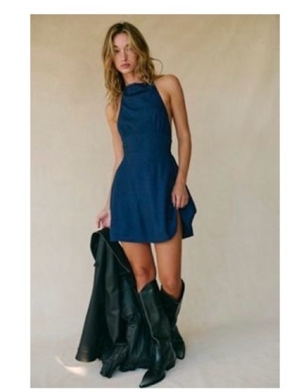 Free People Calli Chic Mini Dress Navy Blue High-Low Halter Dress